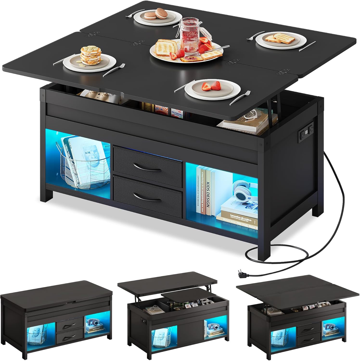 WLIVE 40" Lift Top Coffee Table, 4 in 1 Coffee Tables with Storage, 2 Fabric Drawers, LED Light and USB, Modern Coffee Table with Hidden Compartment for Living Room, Dining Room, Black