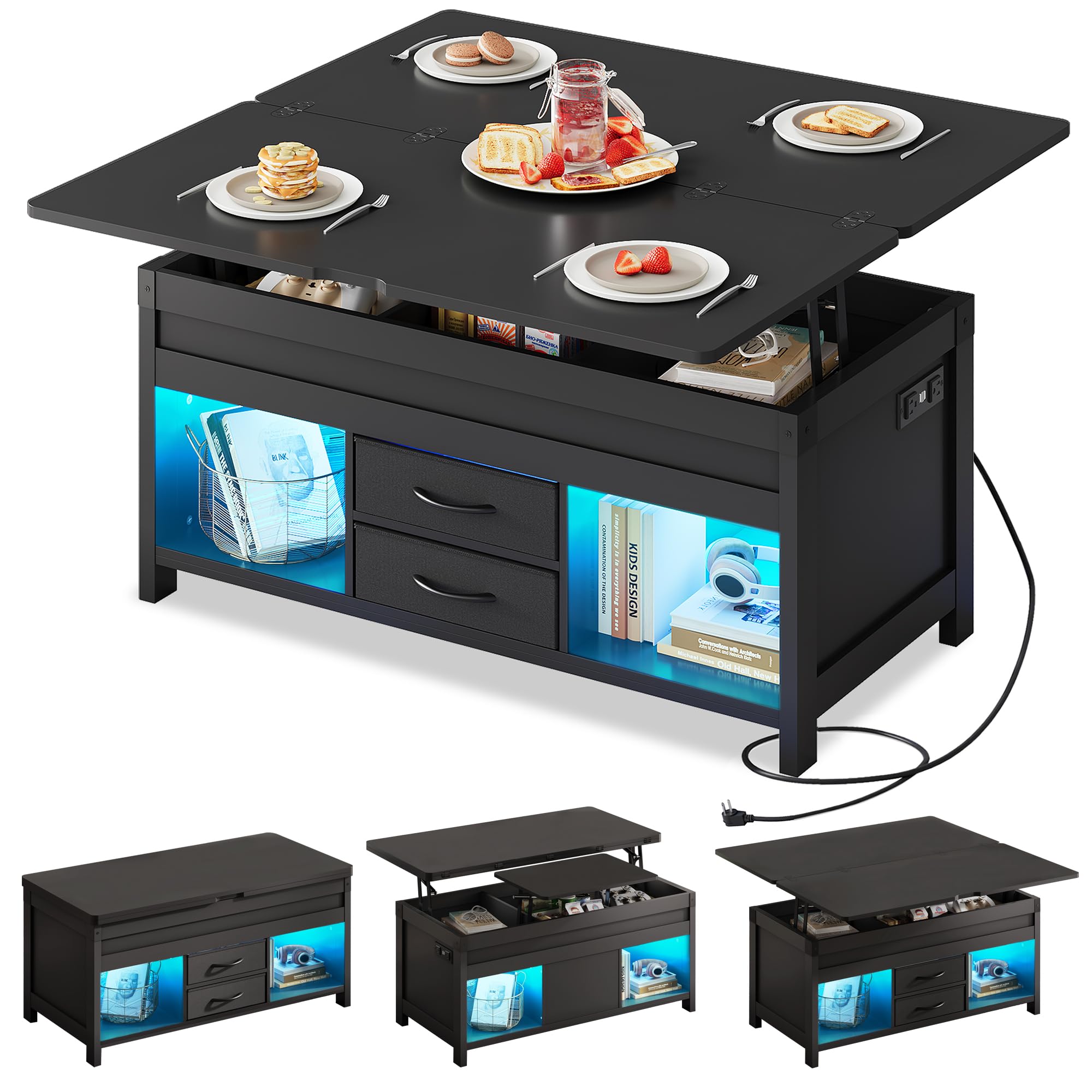 WLIVE 40 Lift Top Coffee Table 4 in 1 Coffee Tables with Storage 2 Fabric Drawers LED Light