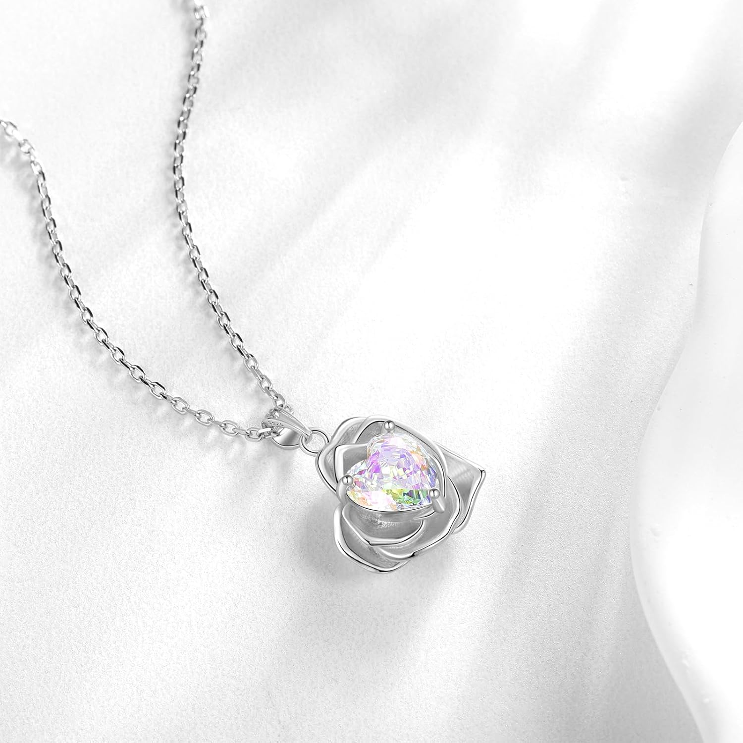 Aurora Tears Birthstone Rose Heart Pendant Necklace - 925 Sterling Silver Rose Cut Cubic Zirconia Love Necklace Anniversary Birthday Jewelry Gift for Women Wife Mom Daughter - Image 2