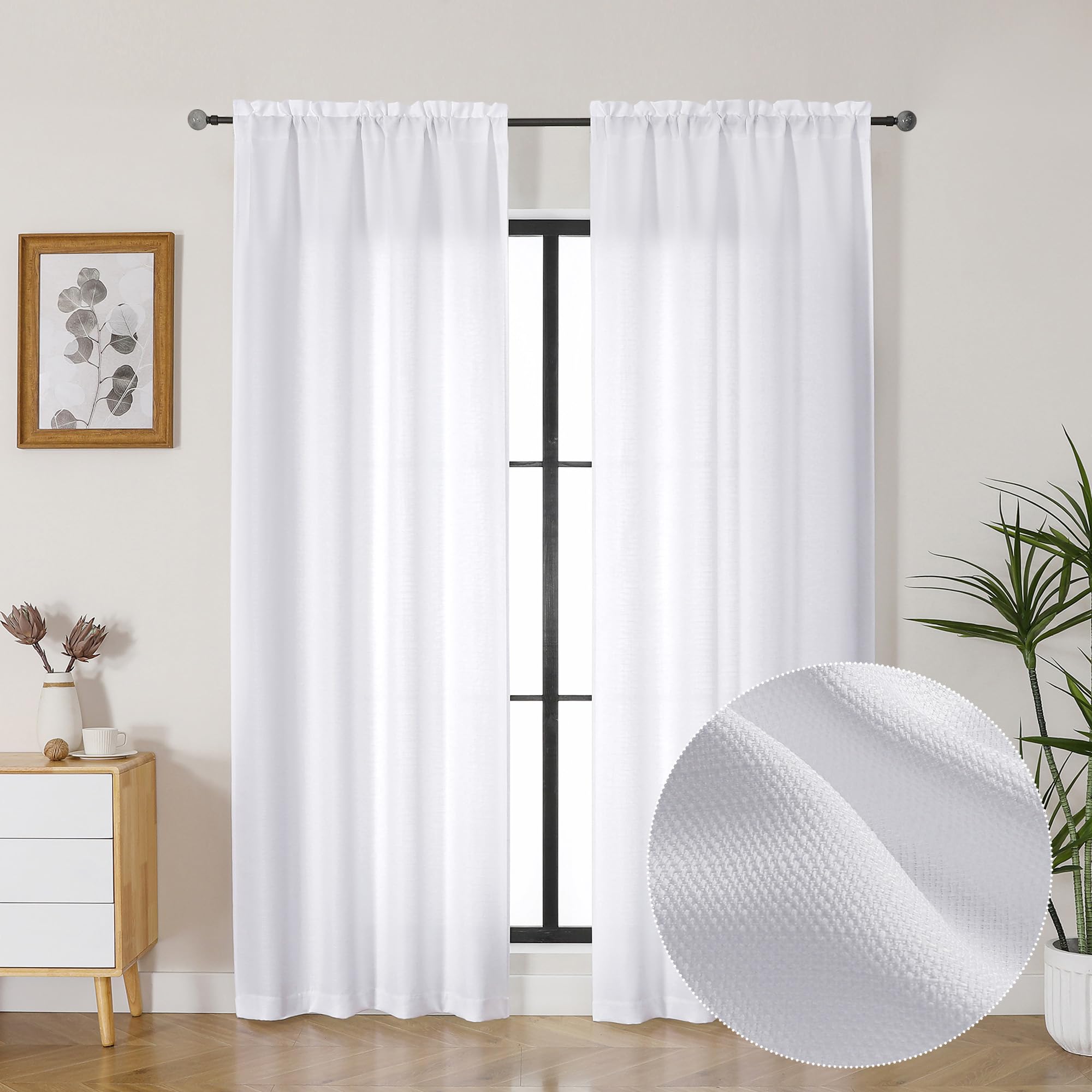 Lecloud Bessie White Curtains 84 Inches Long 2 Panels Set, Airy Privacy Light Filtering Curtain Panels, Faux Linen Textured Drapes for Dining Room