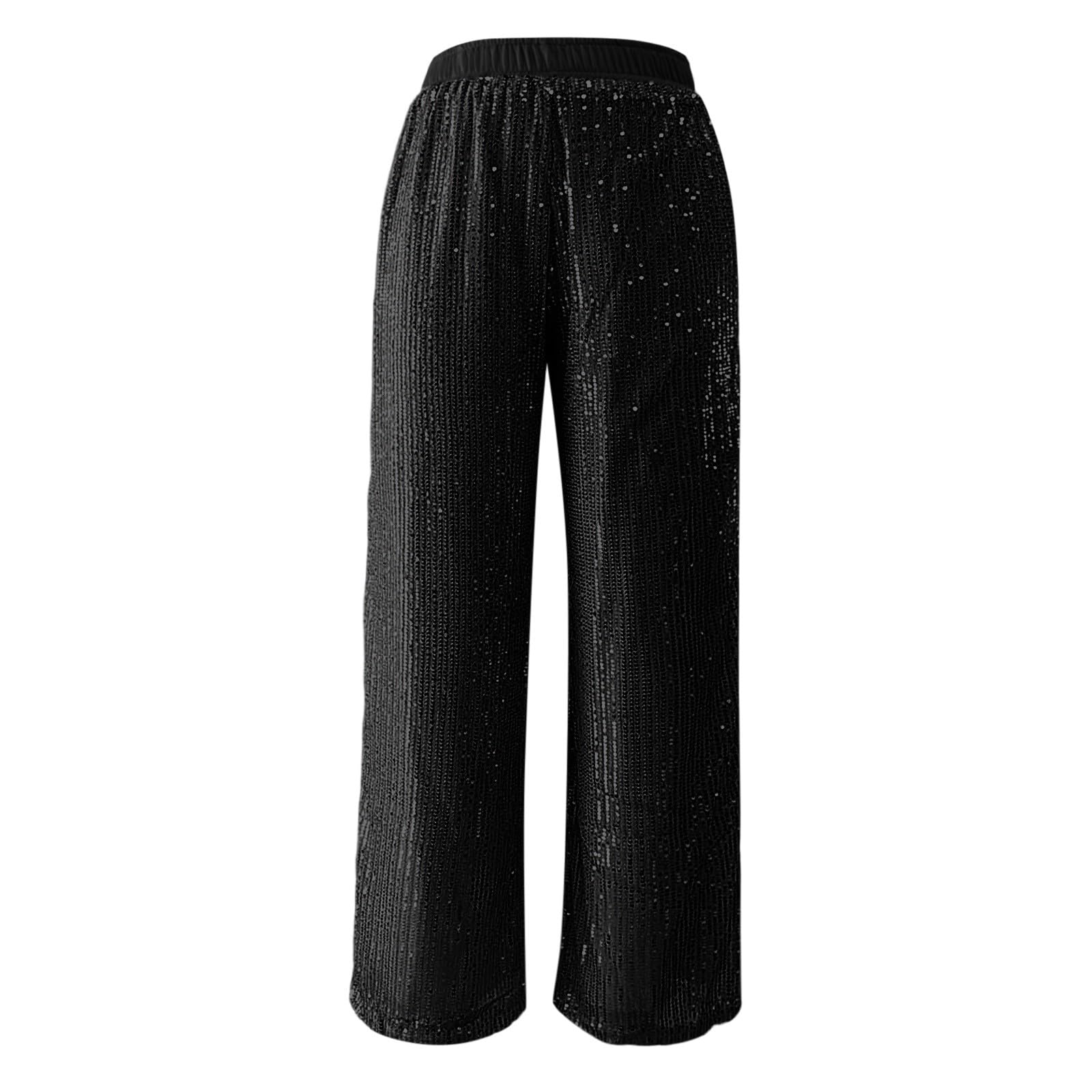 Generisch Pailettenhose Damen Elegant Einfarbig Lange Glitzer Hose Silvester Outfit Pailletten Karneval Kostüm Pailletten Hose Weites Bein Freizeithose Elastischem Bund Schlaghose