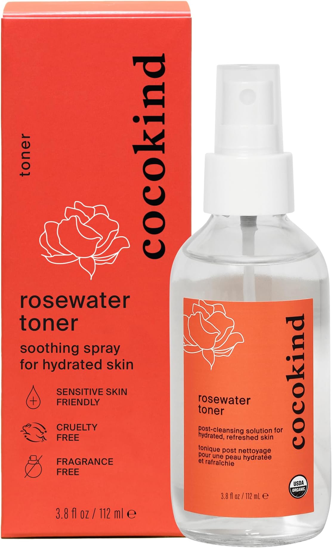 Rosewater Facial Toner by Cocokind, Multipurpose Spray to Set Makeup, Double Cleanse, and Balance Skins pH, Made with Rose Hydrosol, 4 Fl Oz
