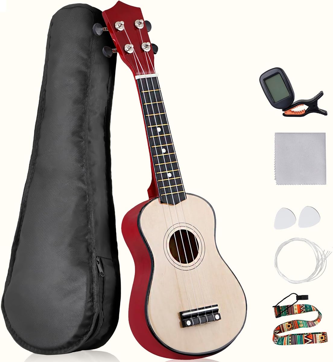 21" Soprano Ukulele for Beginners Adult Starters Student Music Lovers, Ukuleles Starter Kit with Gig Bag, w/Rainbow String, Spare Strings, Digital Tuner, Picks (Natural)
