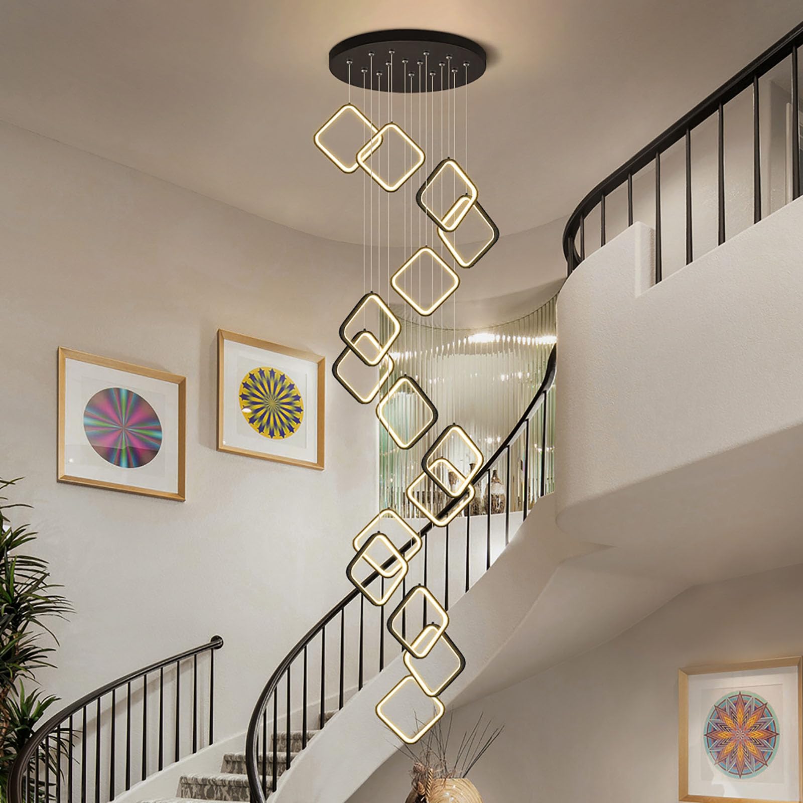 PCXEHUYP Large Staircase with Remote Control,12/15/18 lights Dimmable Light for Villa High Ceiling Foyer,300cm Adjustable Height, Creative Decor Chandelier(15 l