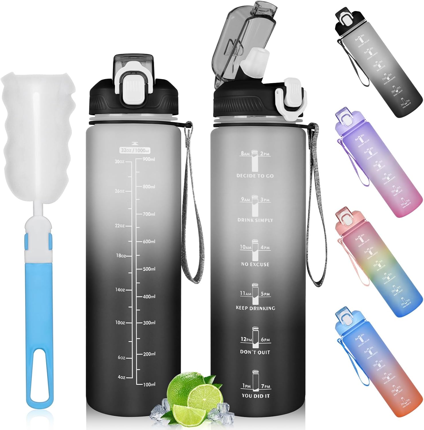 1 Litre Water Bottle With Straw Water Bottle, 1 Litre Sport Water Bottle with Straw, Time Marker & Lock