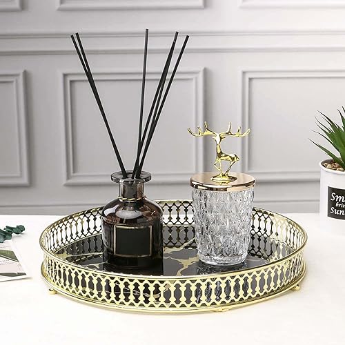 Miniatura 7 de Zosenley Bandeja decorativa de maquillaje, bandeja de tocador de cristal, almacenamiento redondo de cosméticos para joyas, maquillaje, perfume,