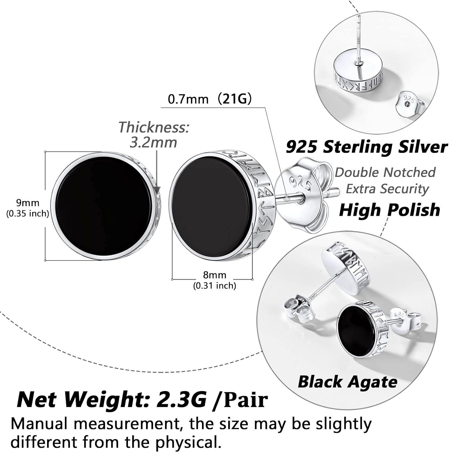 Silvora 925 Sterling Silver Viking Rune Stud Black Earrings For Men Women, Men Earring Stud with Gift Box