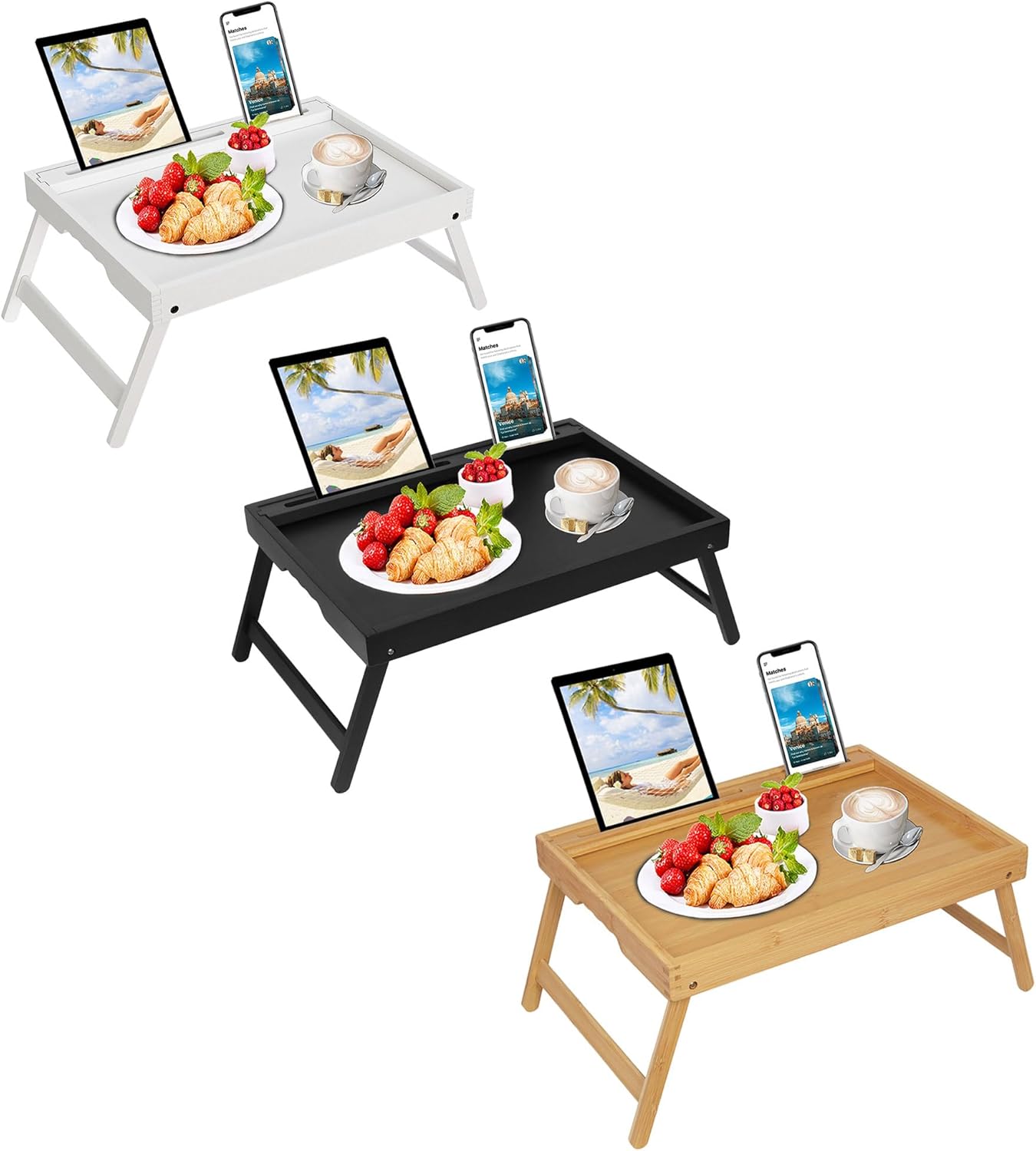 Bed Tray Table with Foldable Legs, Breakfast Food Trays for Eating on Couch with Media Slot for Bed, Eating, TV Tray, Kitchen Serving Tray (Bamboo + Black + White, Medium)