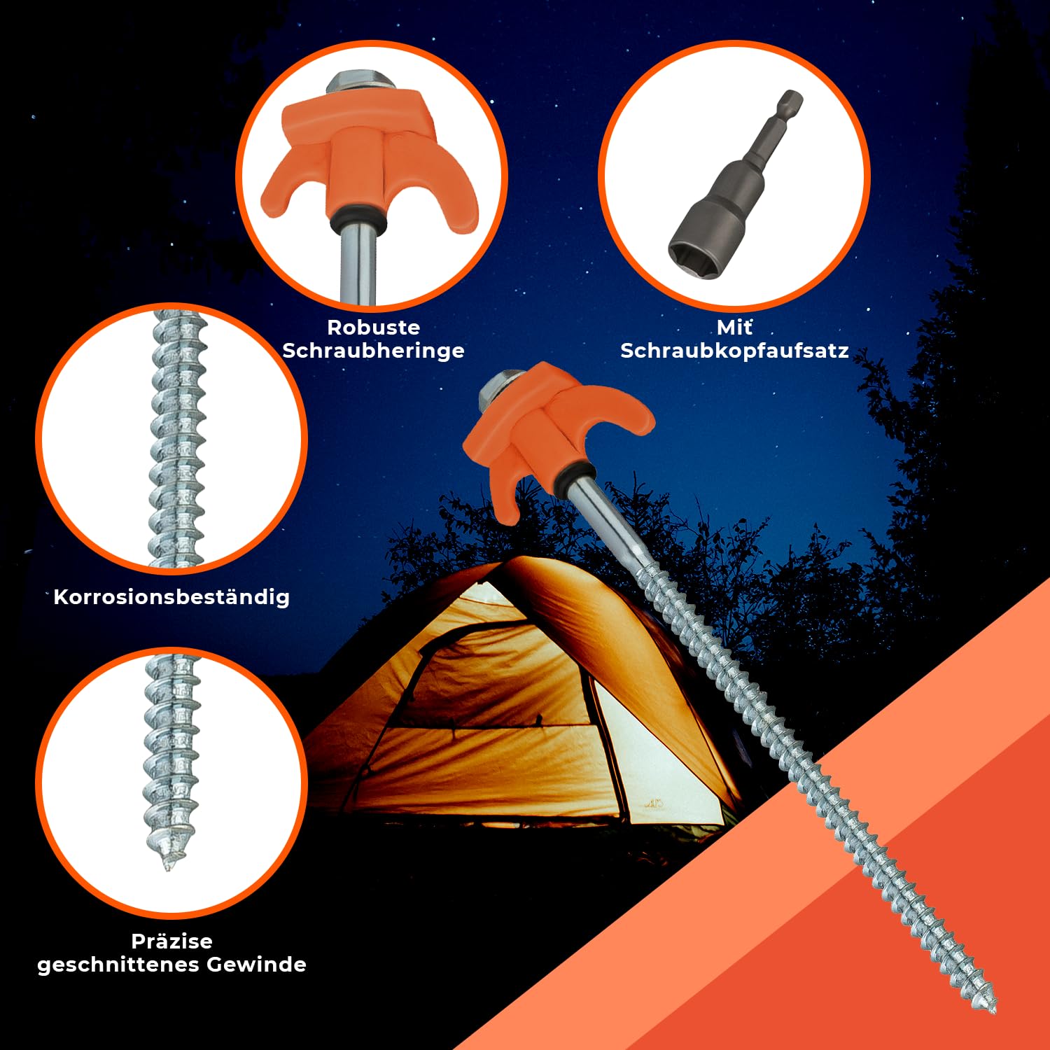 Schraubheringe Set 20 Stück 20 cm Ø7mm mit Transportbox und Bit für Akkuschrauber Orange Stahl Heringe für weiche bis Harte Böden Zeltschrauben für Camping und Outdoor