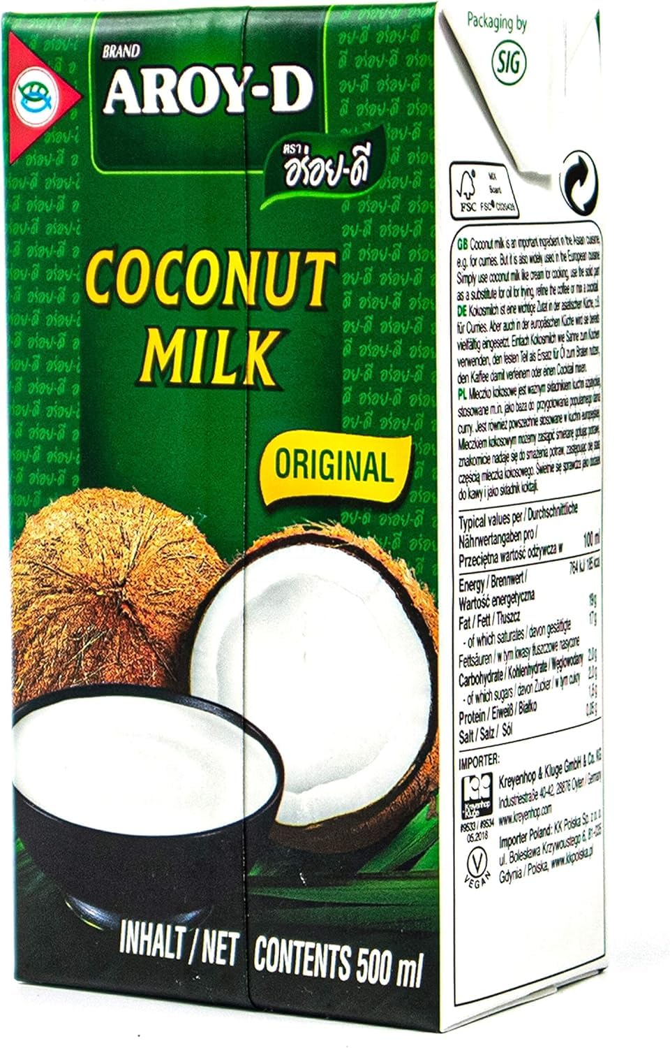 YIJIA | Aroy-D 500ml - Leche de coco con E435 - Coconut Milk 100% Original (5 Botella)
