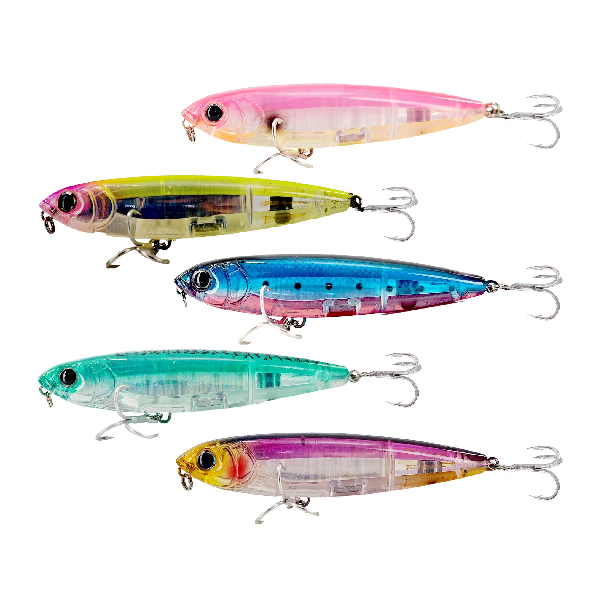 Top - Señuelos de pesca acuática para lubina, lucio, perca de bagre, señuelos flotantes para agua dulce y salada, 5 cebos con gancho triple