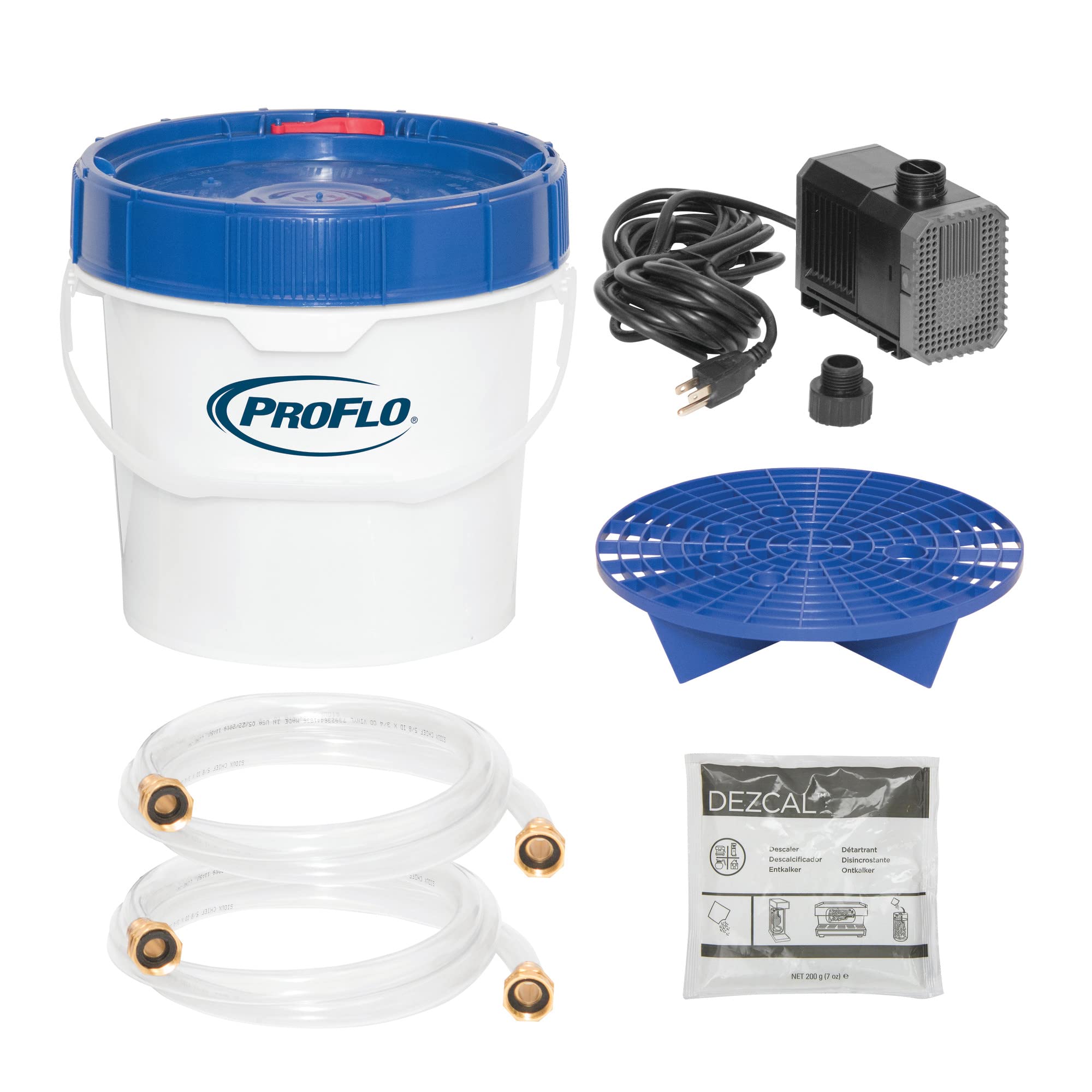 PROFLO PF91655 Descaler Pump Kit connected to a tankless water heater with hoses leading to a white bucket containing the pump and descaling solution.
