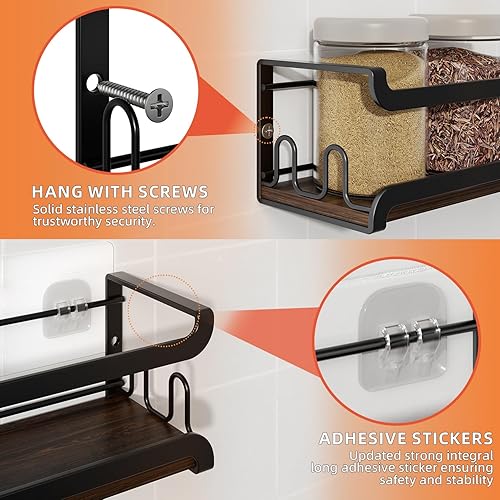 Miniatura 6 de Doakhirmit Estante de especias montado en la pared con 16 ganchos, estante organizador de especias de madera rústica para puerta de despensa,