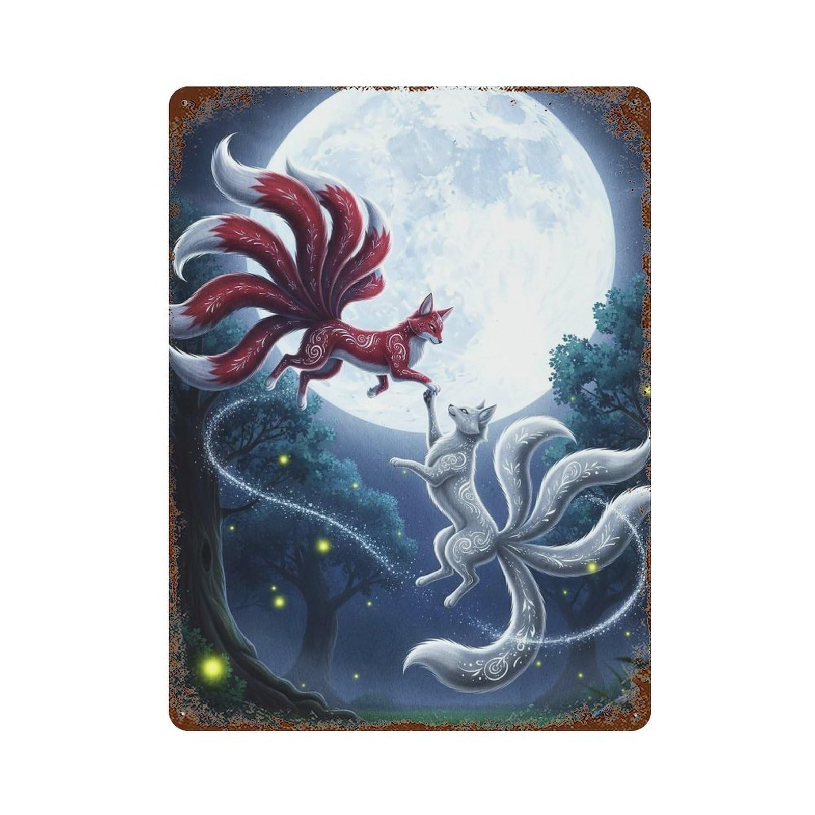 Weathered Tin Sign Nine-tailed Foxes Moonlight 15.7"x11.8", Rustic Home Decor for Basement, Hobby Room And Garage Decor
