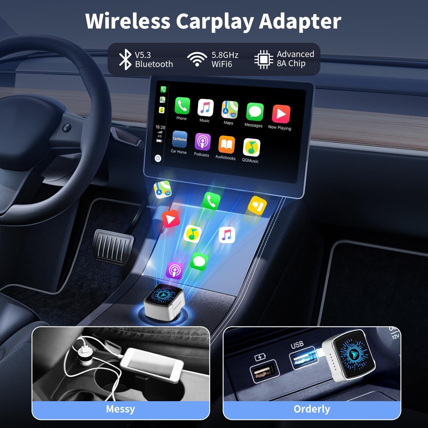 Three-step setup process for the Bemkia Wireless CarPlay Adapter displayed on a car's infotainment screen.