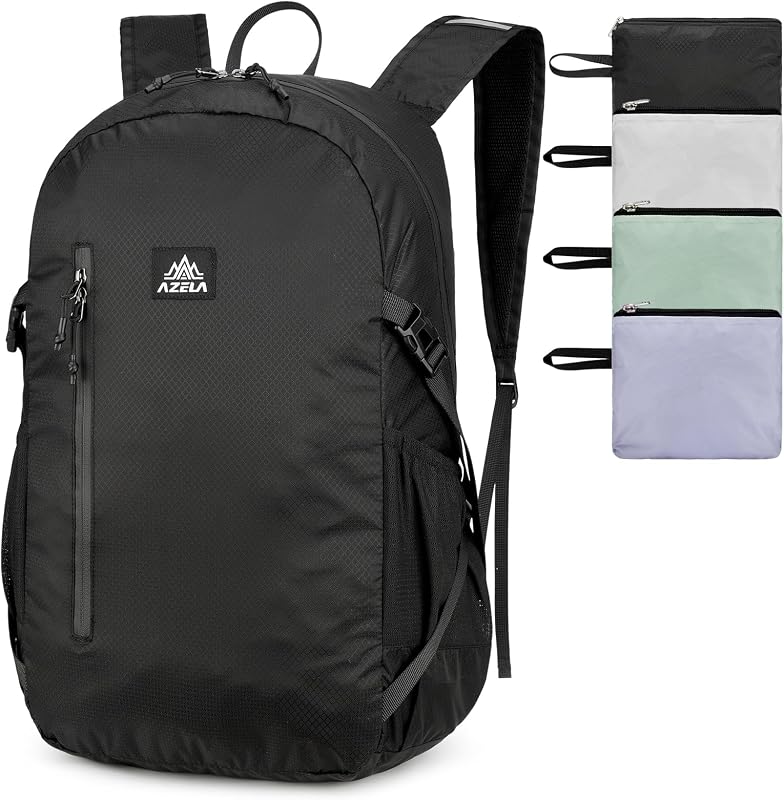 Nylon Folding Hiking Backpack for Women Men, 20L Lightweight Waterproof Packable Daypack with Reflective Strips for Traveling Daily Outdoor Sports, Black