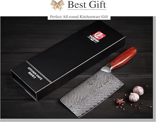 Miniatura 7 de YARENH Cuchillo chino de 7 pulgadas, cuchillo de chef de Damasco para cocina, 67 capas de acero inoxidable de alto carbono, mango de sándalo