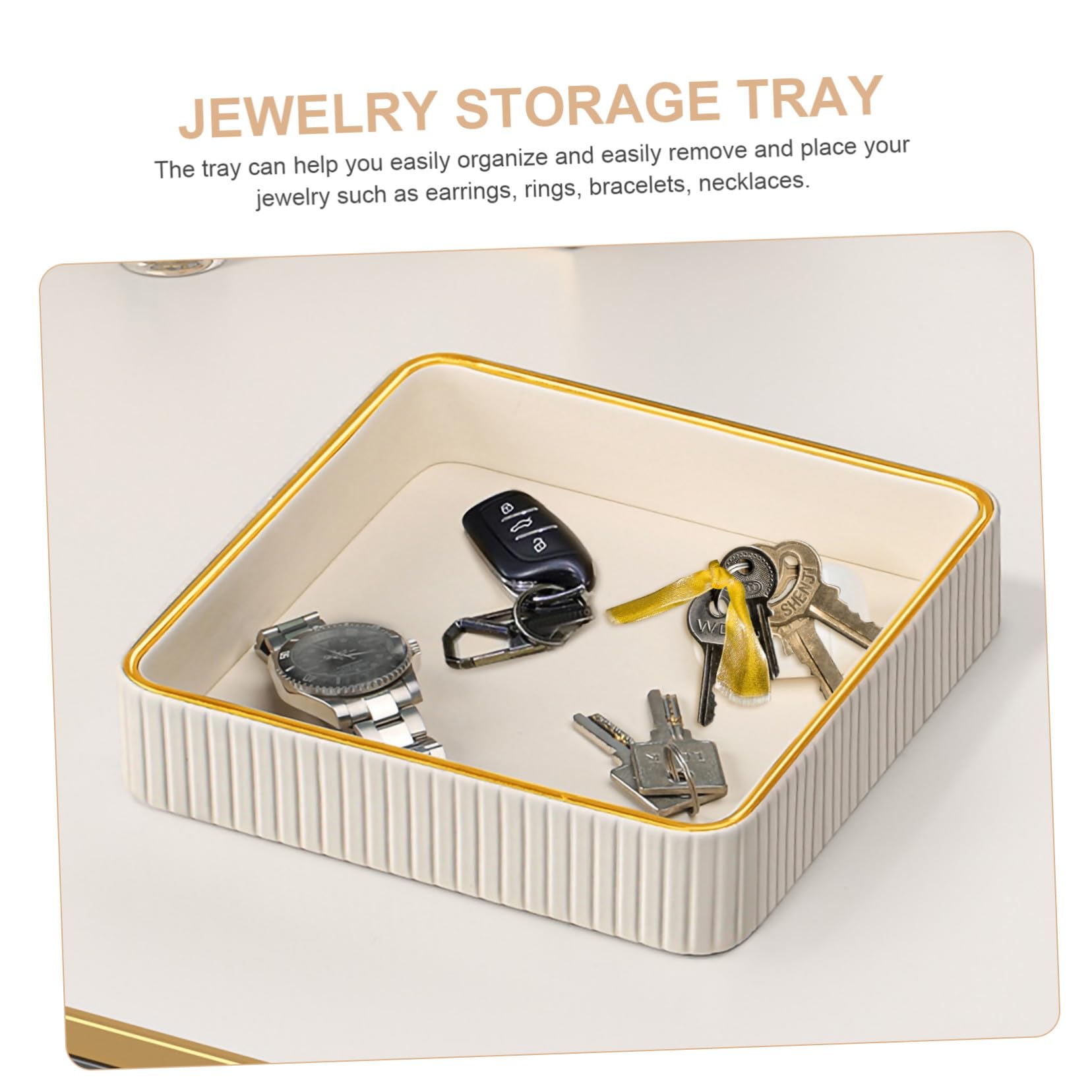 Toyvian Bandeja Cuadrada de Cuero Blanco Borde Dorado Fácil de Limpiar para Llaves y Joyas Adecuado para Tocador y Sala Moderna