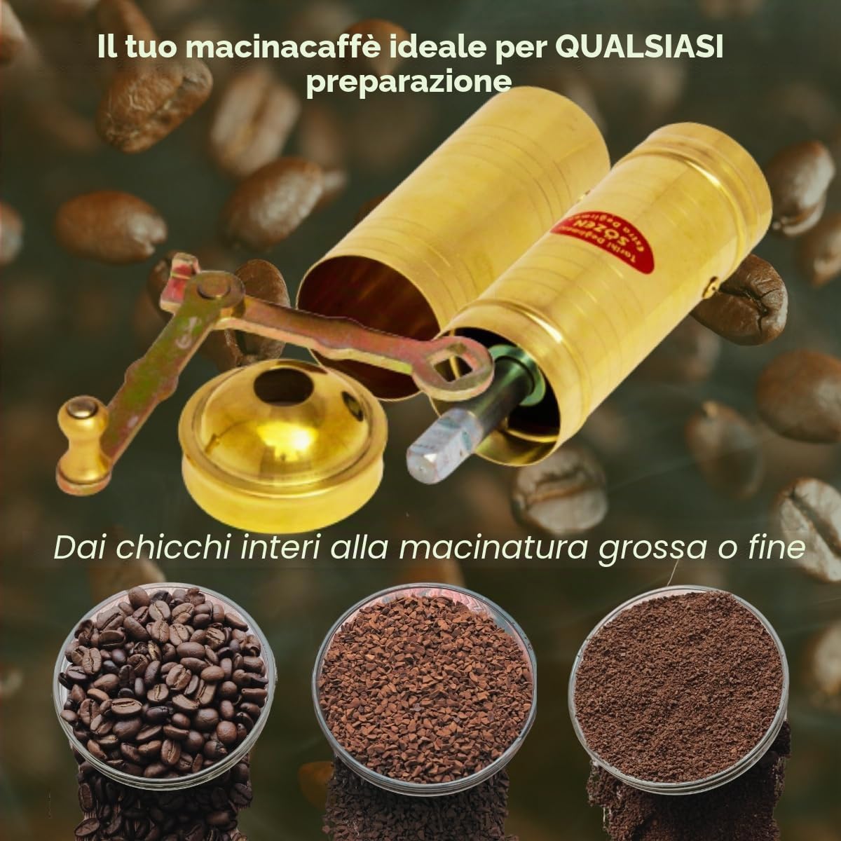Sozen - Macinacaffè manuale da 22,9 cm, in ottone, con manovella, per caffè turco, francese, espresso, campeggio e uso domestico, macinino portatile per chicchi di caffè, macinino conico regolabile