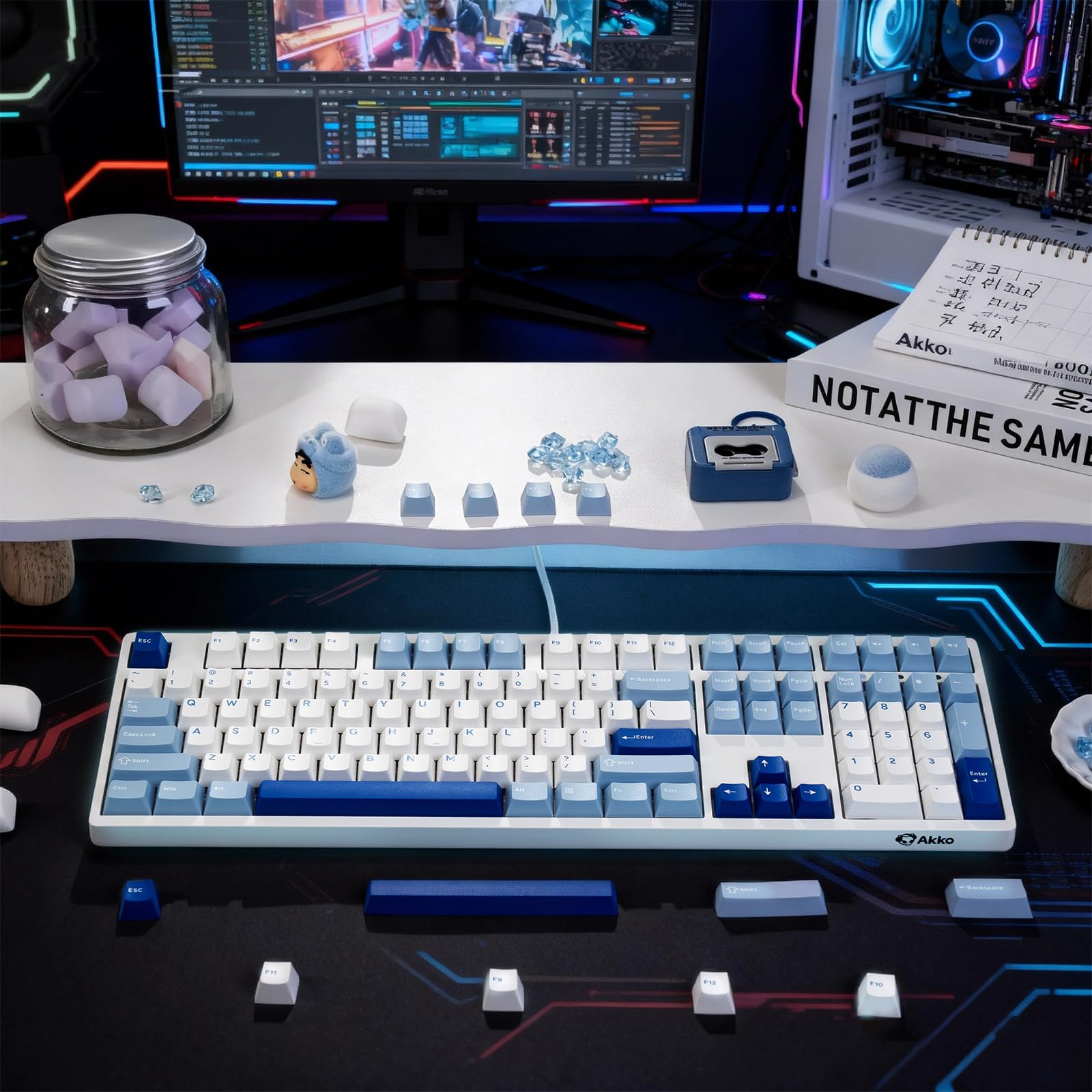 Akko 3108 V3 klawiatura mechaniczna, przewodowa USB typu C, 100% układ US, możliwość wymiany podczas pracy, oświetlenie RGB tylko w kolorze białym, z nasadkami na klawisze PBT Double-Shot (Glacier