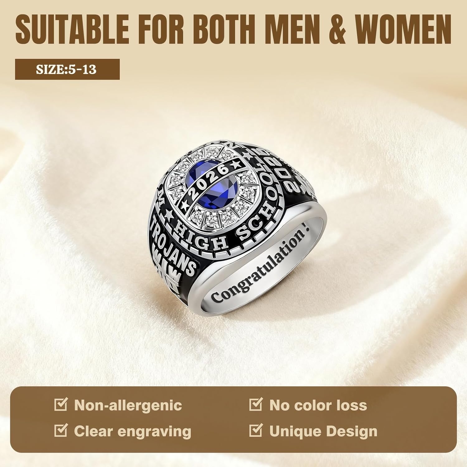 Custom 925 Sterling Silver High School Class Rings for Women Men, Personalized Logo Symbol Signet Graduation Ring for Her, Gold Championship Rings 2026 Junior Rings University College Graduation Gifts
