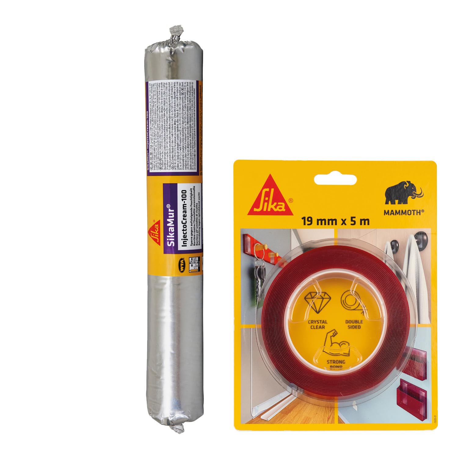 SIKA - Kit Fissaggio e Iniezione Anti-Umidità: 1x Sikabond Mammoth Crystal (5m), Nastro Biadesivo + SikaMur InjectoCream 100 (560ml), per Muri Umidi, Crepe e Consolidamento