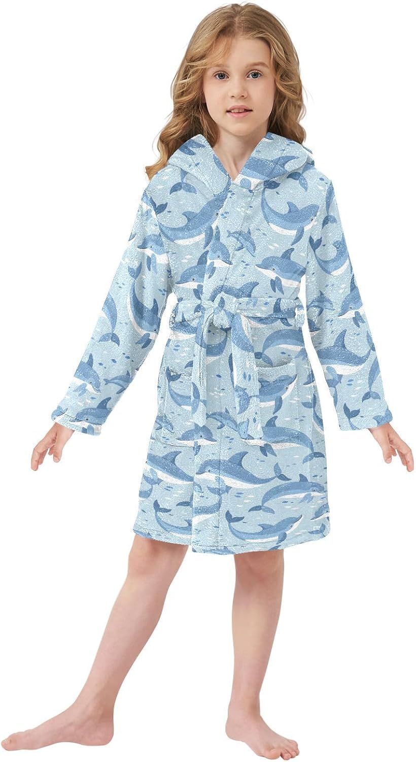 senya Dolphins Pattern Toddler Hooded Bathrobe Kids Soft Plush Bath Towel Robes for Boys Girls 2-12 Years