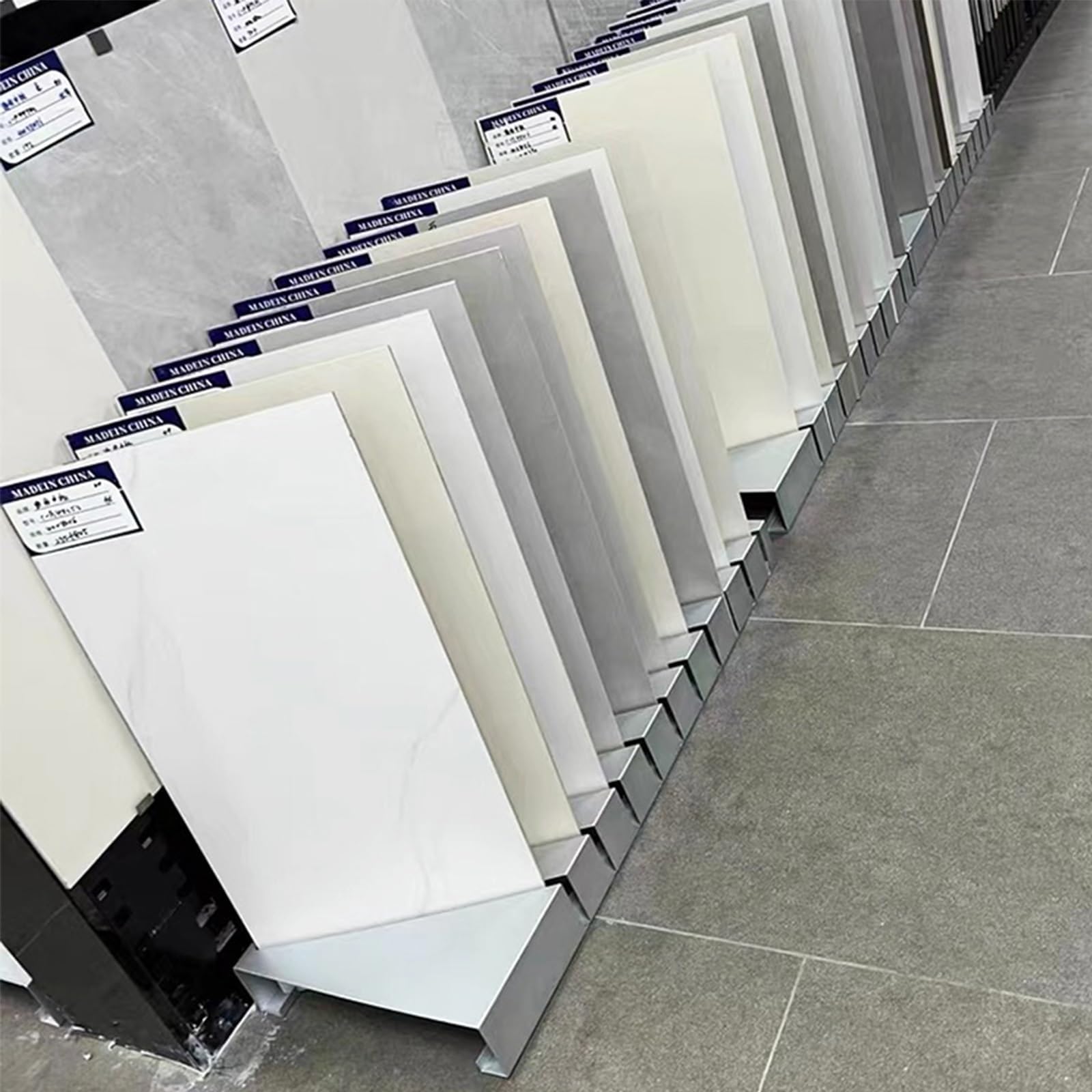 Floor Tile Display Rack ， Vertical Stone and Floor Tile Sample Stand, Oblique Insertion Design, Large Wooden Plate Display for Building Material Samples