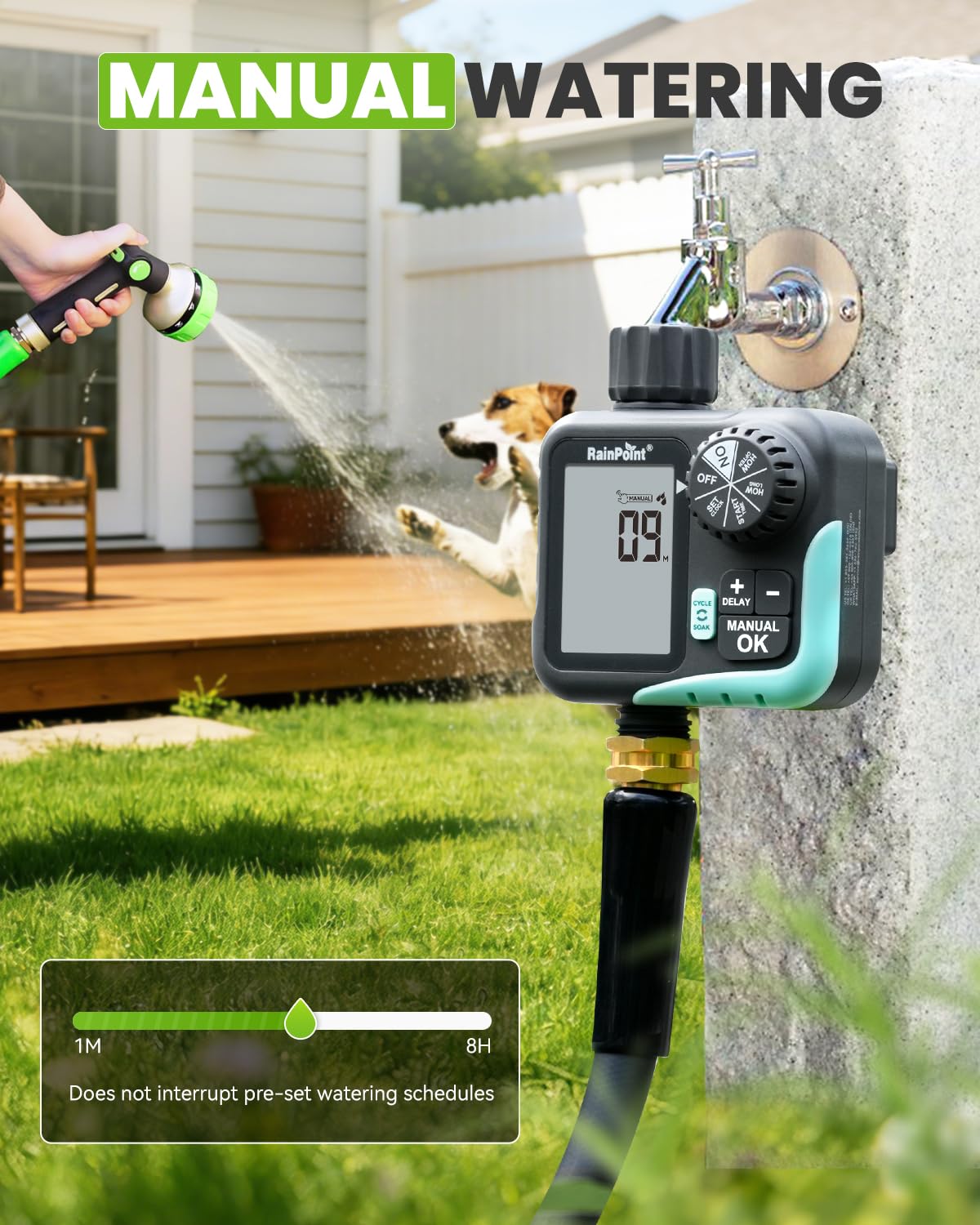 RAINPOINT Minuteur d'arrosage – Minuteur de cycle et de trempage pour tuyau d'arrosage avec arrosage automatique/arrosage manuel/retard de pluie, programmable pour système d'irrigation, pelouse, cour