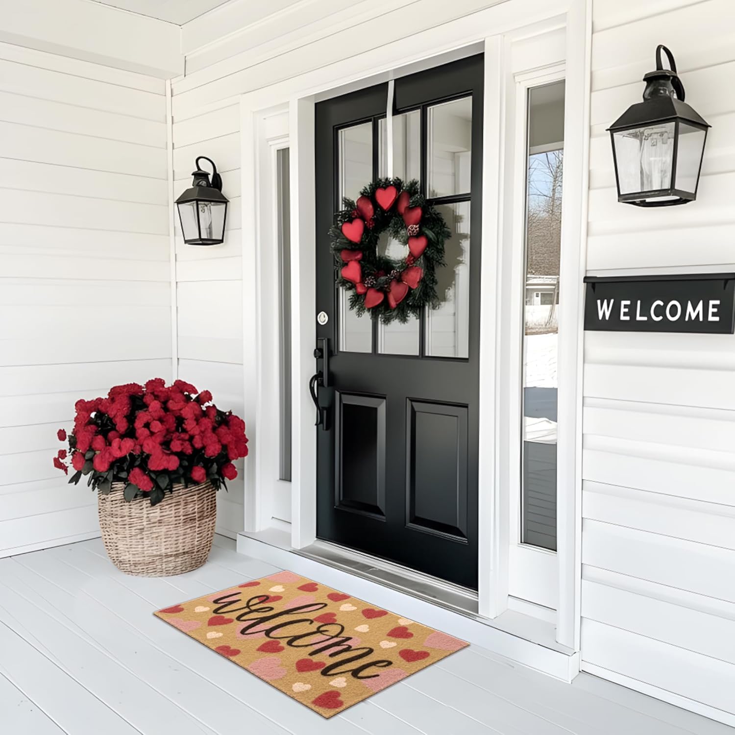 EraGleeVibe Valentine's Day Door Mat Welcome Doormats Non Slip Front Door Rugs for Entrance Porch Spring Indoor Outdoor Decor for Home 17 x 29 Inch (Hearts Welcome)