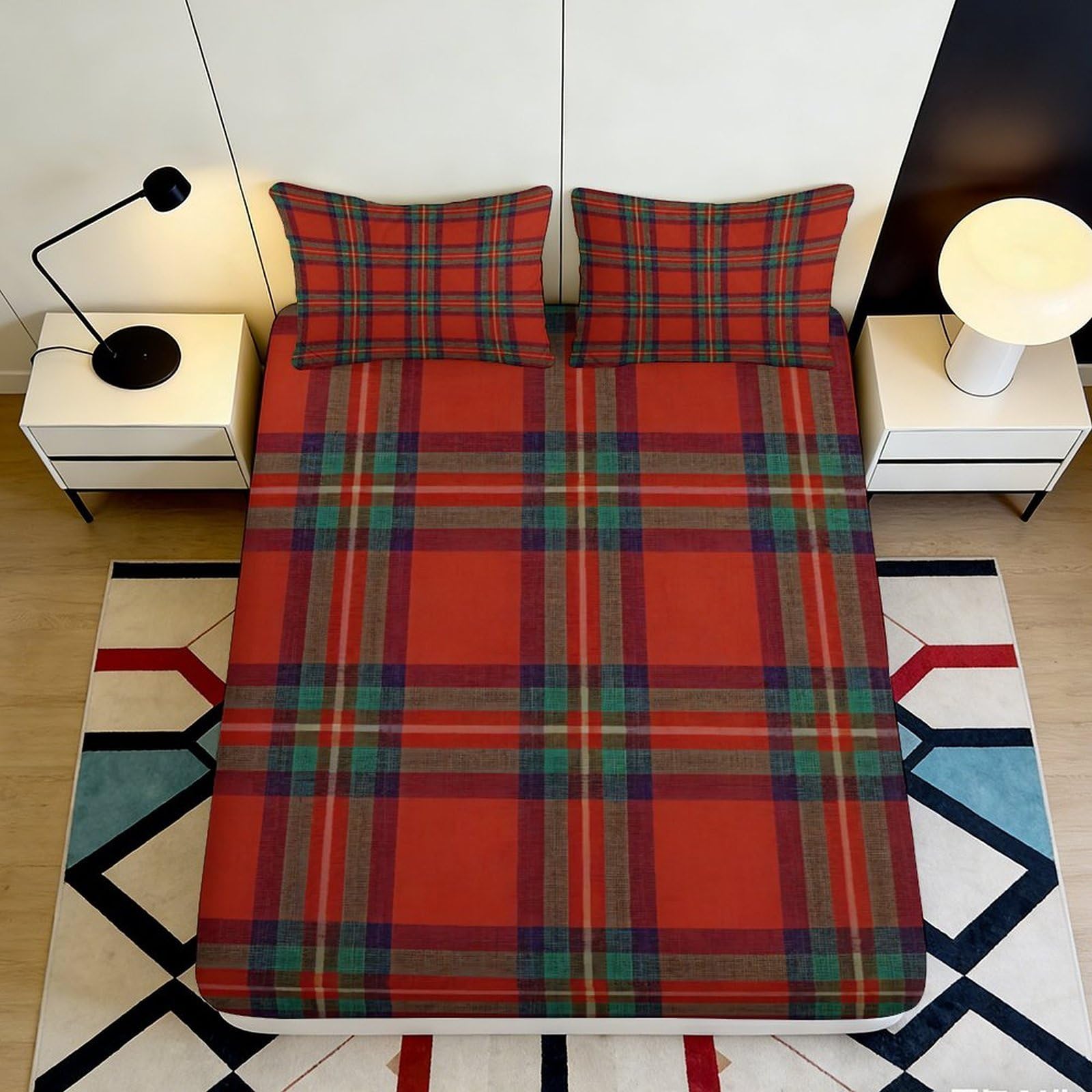 3D Printed Red Plaid Fitted Sheet Microfiber Soft Decorative Tartan Bed Cover for Bedroom Guest Room Dorm Mattress Protection 120x200x25cm