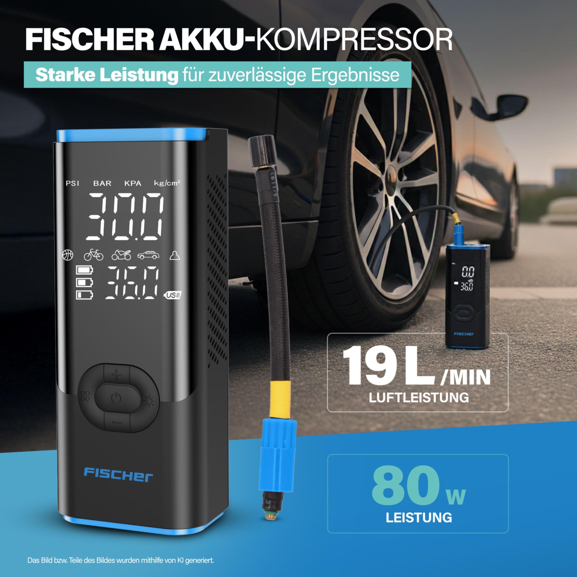 Fischer Akku-Kompressor AP Power Duo inkl. Powerbank, schnelles Aufpumpen, Einstellbarer Zieldruck mit Autostop, Taschenlampe mit SOS, Druck und Batterieanzeige, 3 bis 150 PSI, 12 V Autoanschluss