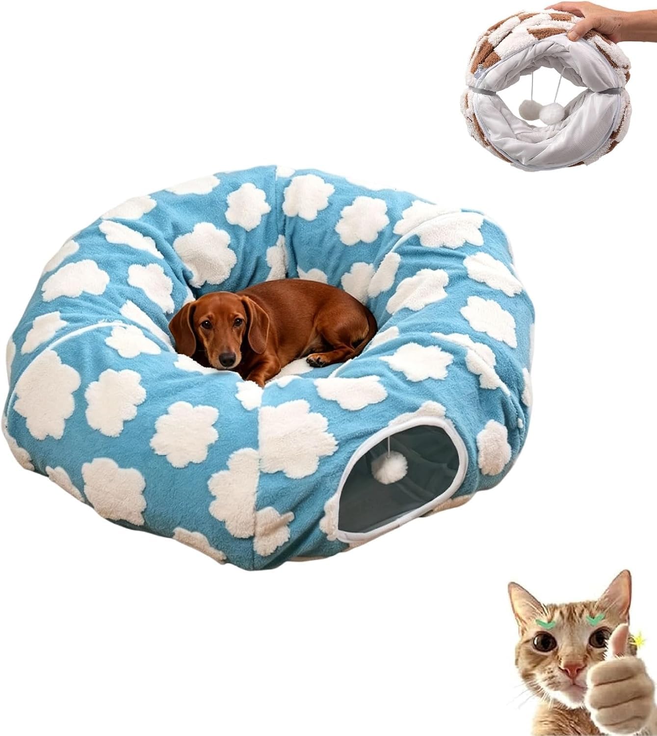 Dachshund Tunnel Bed, Dog Tunnel Bed for Small Dogs and Cats (Blue A,S)