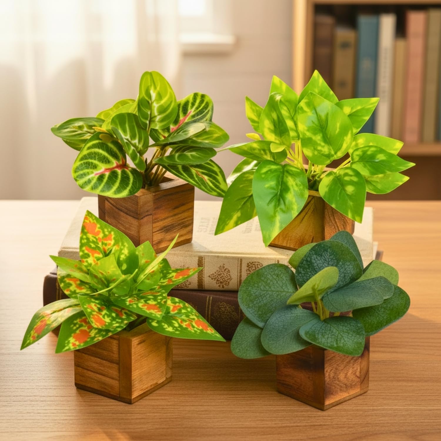 DecoreBugs Artificial Leaves Potted Plants in Wooden Pot (4 Pack) Money Plant | Small Plants for Home Decor | Office Decor