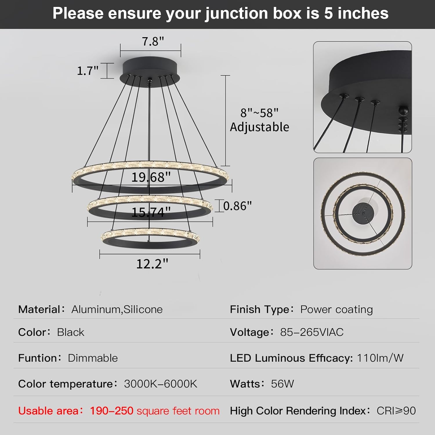 Modern 3-Ring Crystal Ring Chandelier, 56W Dimmable LED Pendant Light with Remote, Adjustable Multi-Shape Ceiling Fixture for Living Room Dining Room Staircase, Black