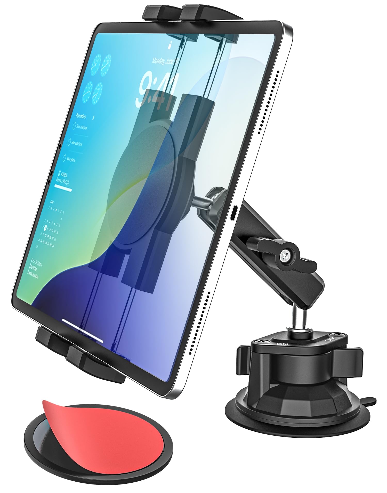Oilcan Soporte Tablet Coche con Brazo de Aluminio y Ventosa Grande | Soporte Parabrisas Ventana Salpicadero para Camión Furgoneta, Compatible con iPad Pro Air Mini/Galaxy Tab/Fire/Móvil, 4-13"