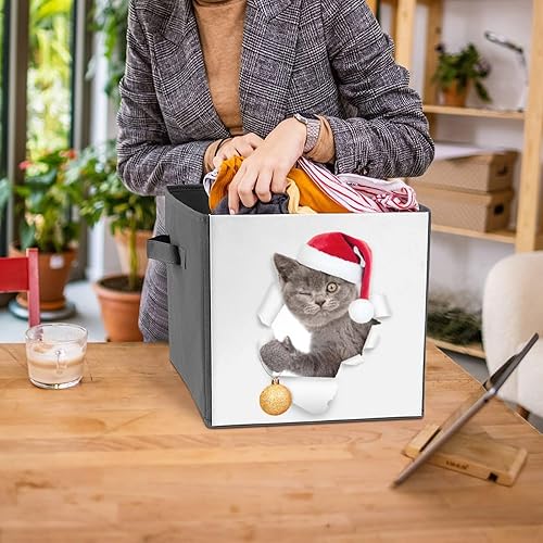 Miniatura 7 de Winking Kitten Santa Hat Storage Cubes,Fabric Collapsible Storage Bins with Dual Handles,Christmas Balls Foldable Cube Baskets for Shelf,Closet