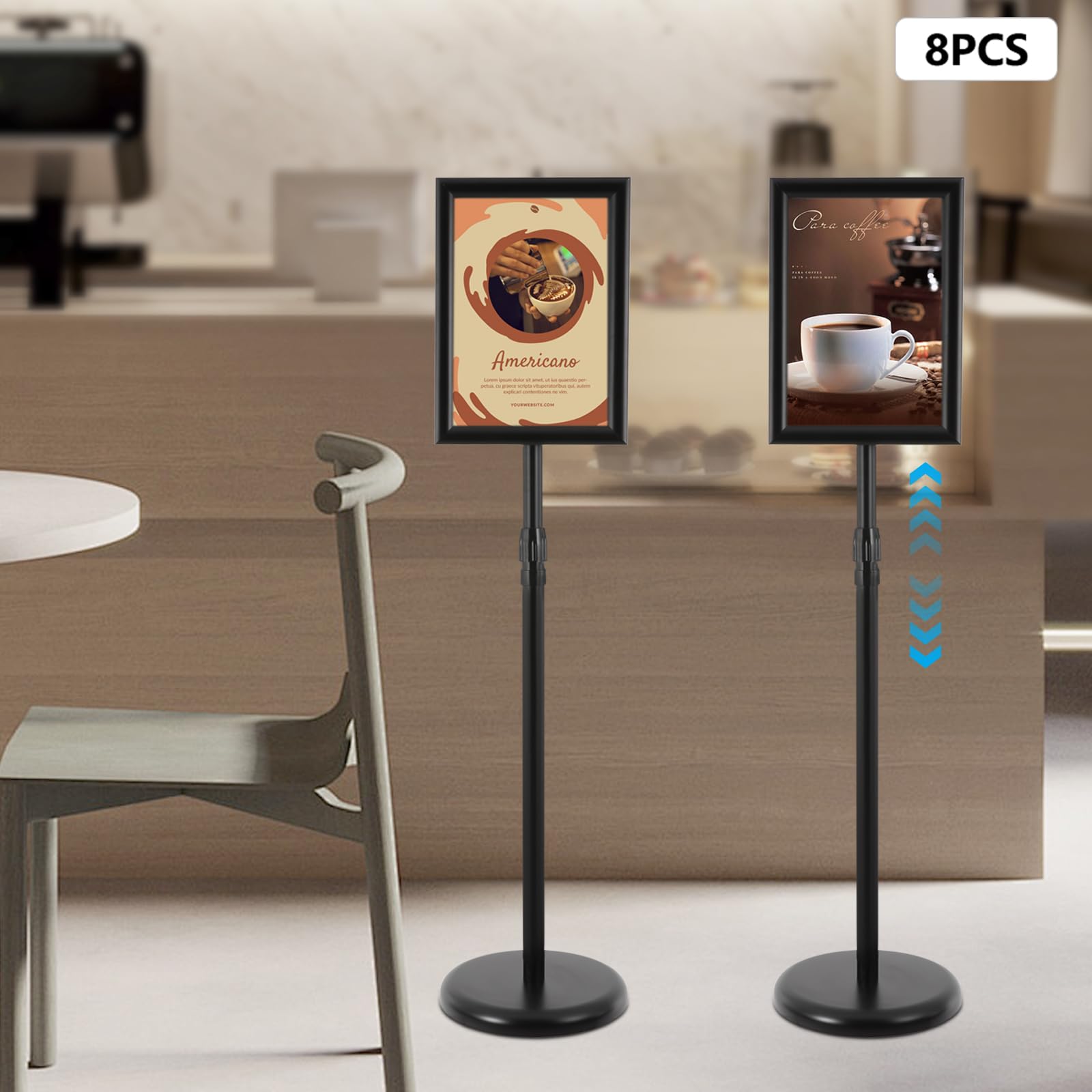 Juego de 8 soportes A4 para folletos, altura ajustable y giratorio 360°, soporte de exhibición, soporte para folletos, soporte de aluminio para publicidad, menús y pósteres (negro)