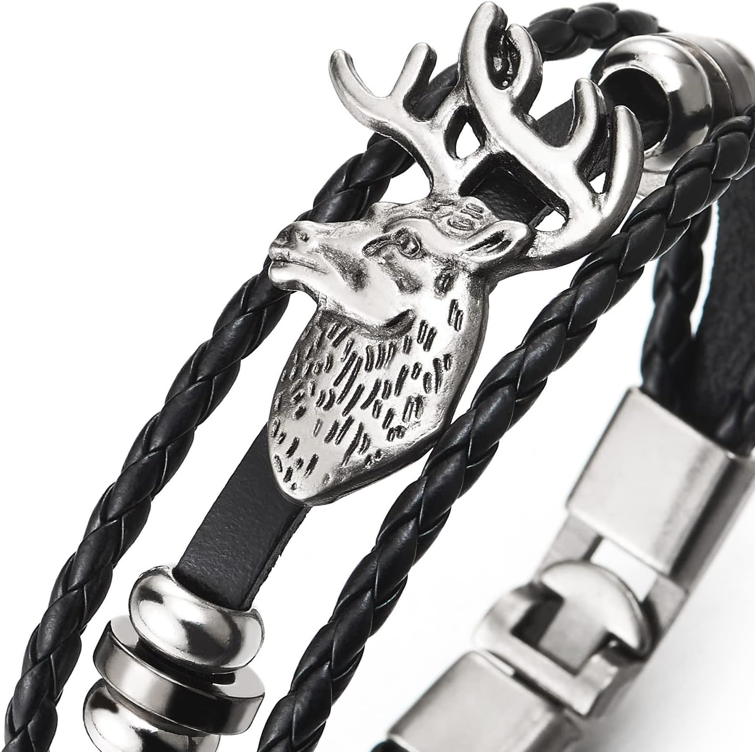 COOLSTEELANDBEYOND Mens Women Three-strand Black Braided Leather Wrap Bracelet with Vintage Deer Charm - Image 2