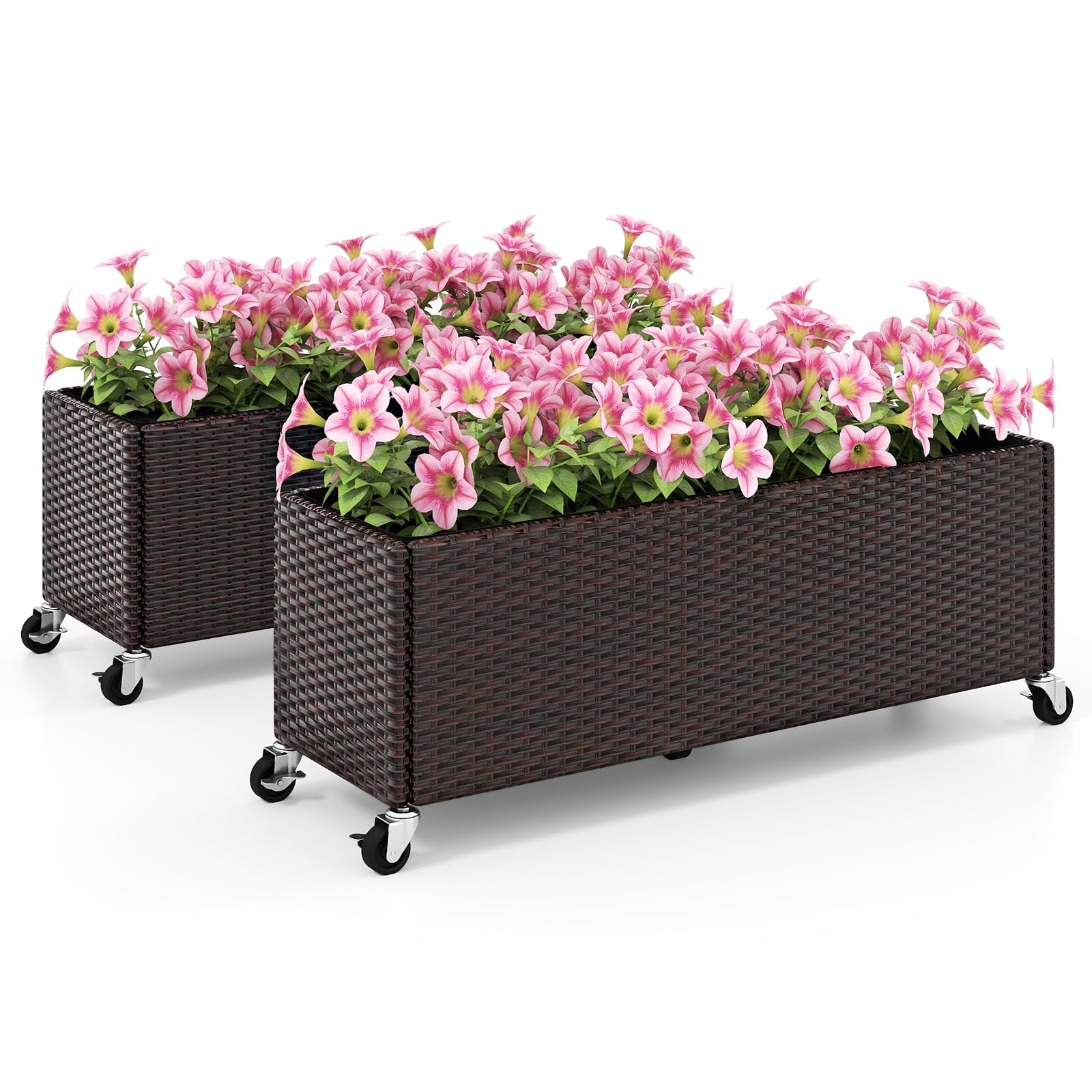 Giantex Set of 2 Wicker Raised Garden Bed with Wheels, 38”x12”x14”, Rectangular Garden Planter Box w/PE Rattan, Liner Fabric, Wicker Patio Elevated Raised Bed for Vegetable Flower Herb Porch Balcony