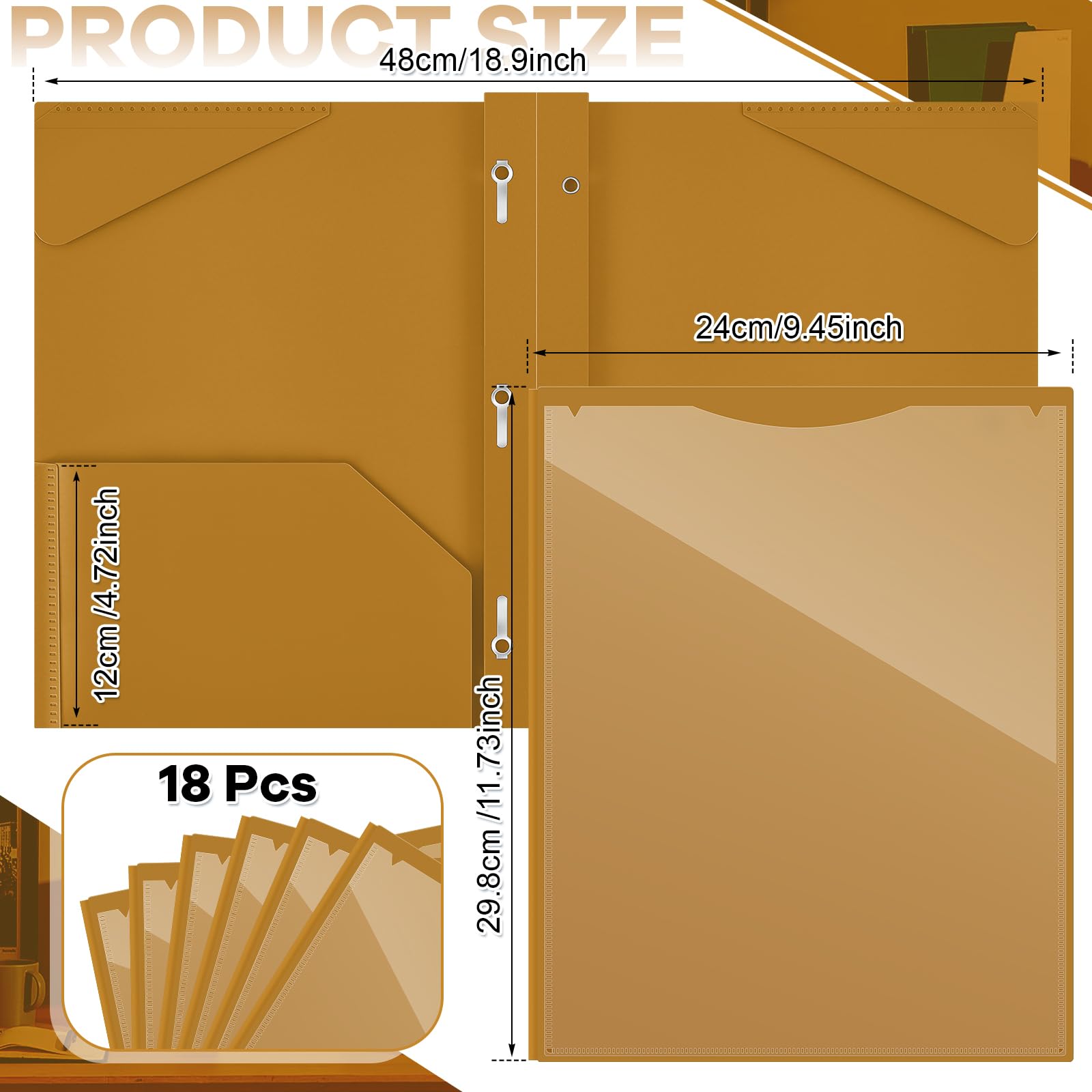 Henoyso 18 cartelle in plastica con tasca frontale trasparente e 3 rebbi, cartelle in plastica con slot per carte di credito, con rebbi, per scuola e ufficio (cachi)