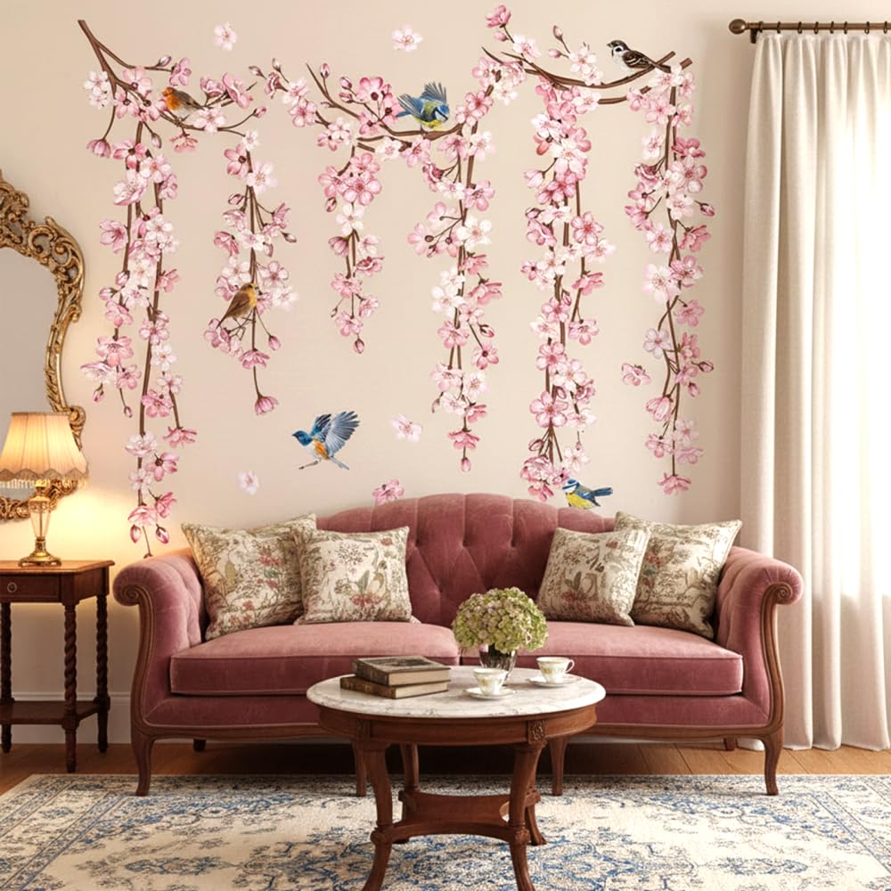 3/4PCS Floral Bird Wall Decals, Self-Adhesive Green Leaf Blossom Wall Stickers, Peach Blossoms Wall Decal for Bedroom Living Room Sofa Background Decor