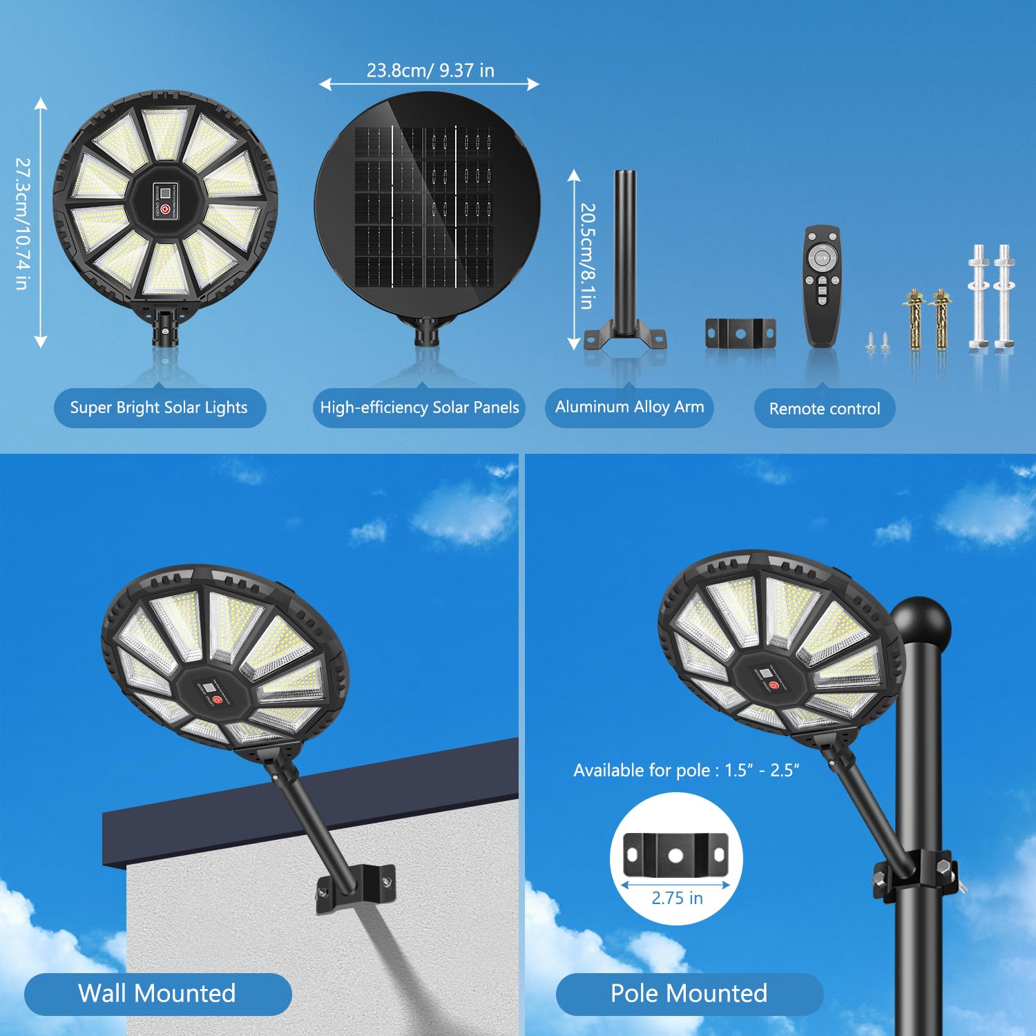 Solarlampen für Außen mit Bewegungsmelder, 590 LED Solar Straßenlaterne mit Fernbedienung, 6500K 360°-Weitwinkelbeleuchtung IP66 wasserdicht für Straßen Garagen Parkplätze（4 Stück）