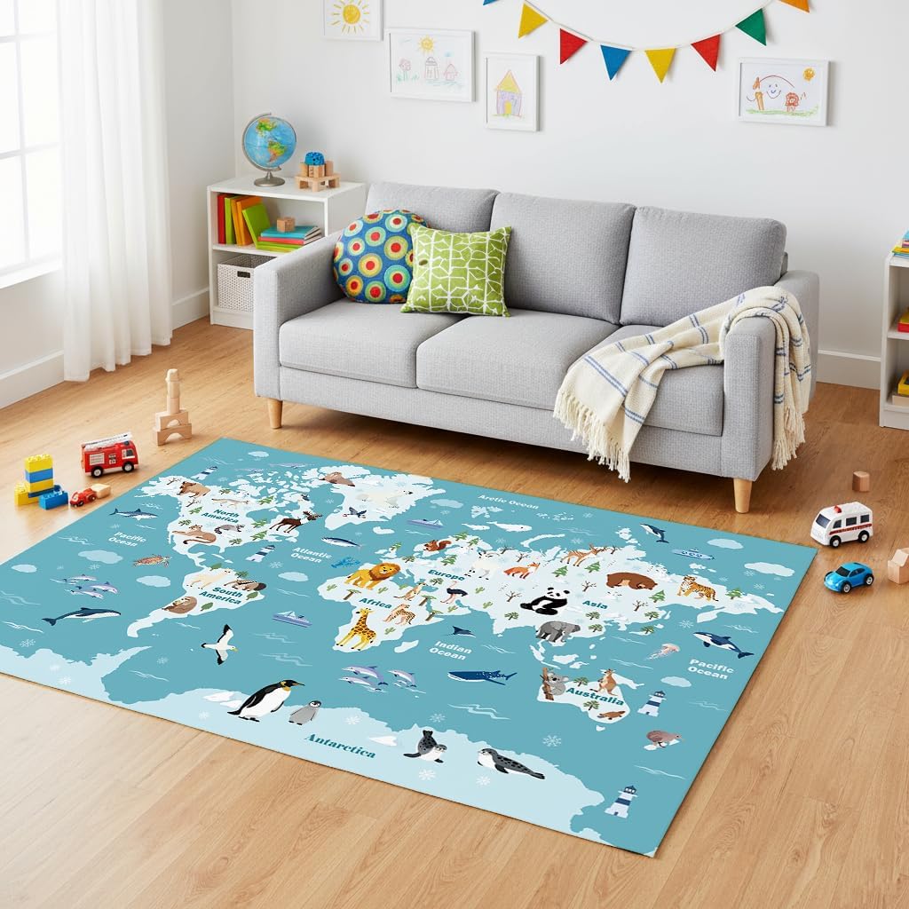 Washable Kids Playroom Rug – 5x7 Play Educational Rug for Preschool Toddlers Baby Girls, Cute Global Wildlife Animals – Non-Slip, Stain Resistant, Soft Safe for Bedroom Classroom - Blue