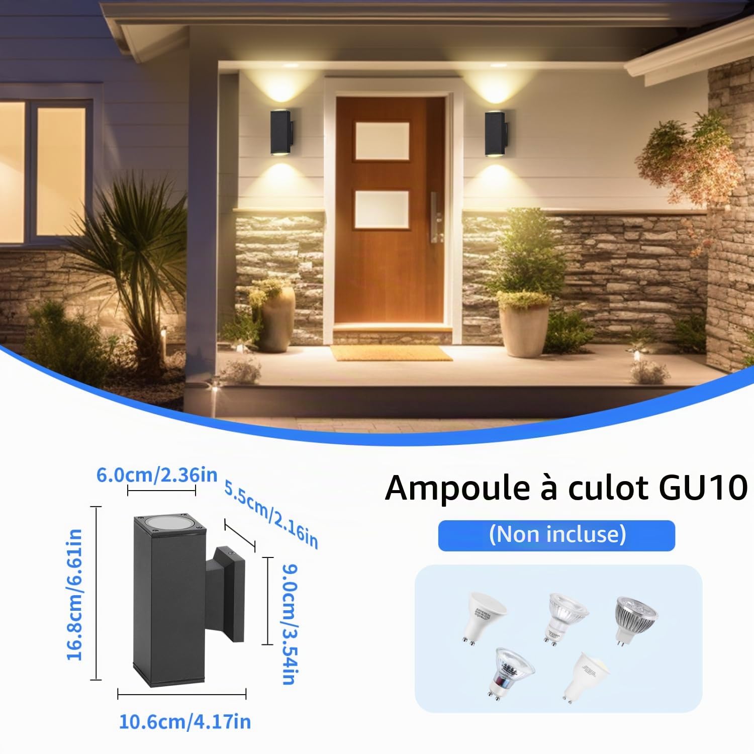 Aigostar Applique Murale Rectangle Exterieur GU10 Aluminium Up Down Eclairage Exterieur, IP65 Étanche Lampe Murale pour Jardin Couloir Entrée Patio, Ampoule non Incluse, Noir(Paquet de 6)