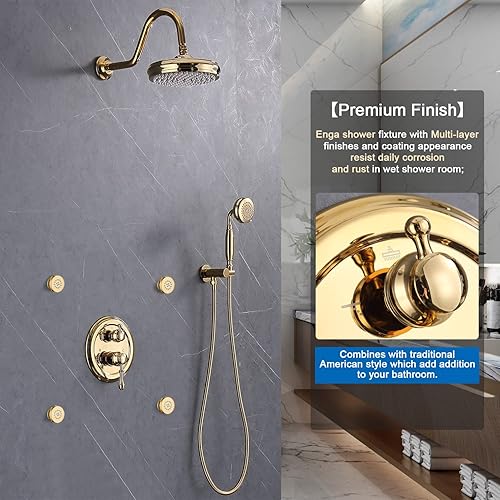 Miniatura 9 de ENGA Juego completo de grifos de ducha antiguos, sistema completo de ducha dorado brillante con chorros de 8 pulgadas de cabezal de lluvia y