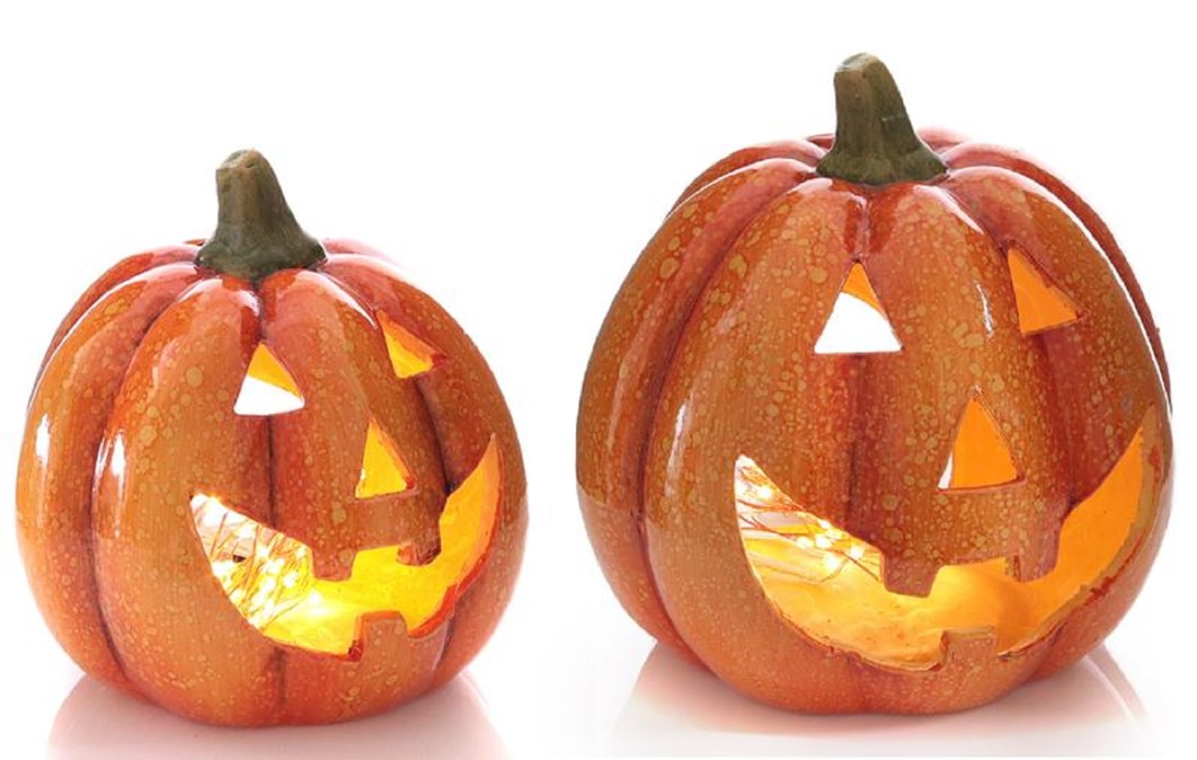 dekoratives herbstliches Dekoobjekt Kürbis mit lustigem Gesicht als Windlicht aus orangefarbiger Keramik glänzend (groß)