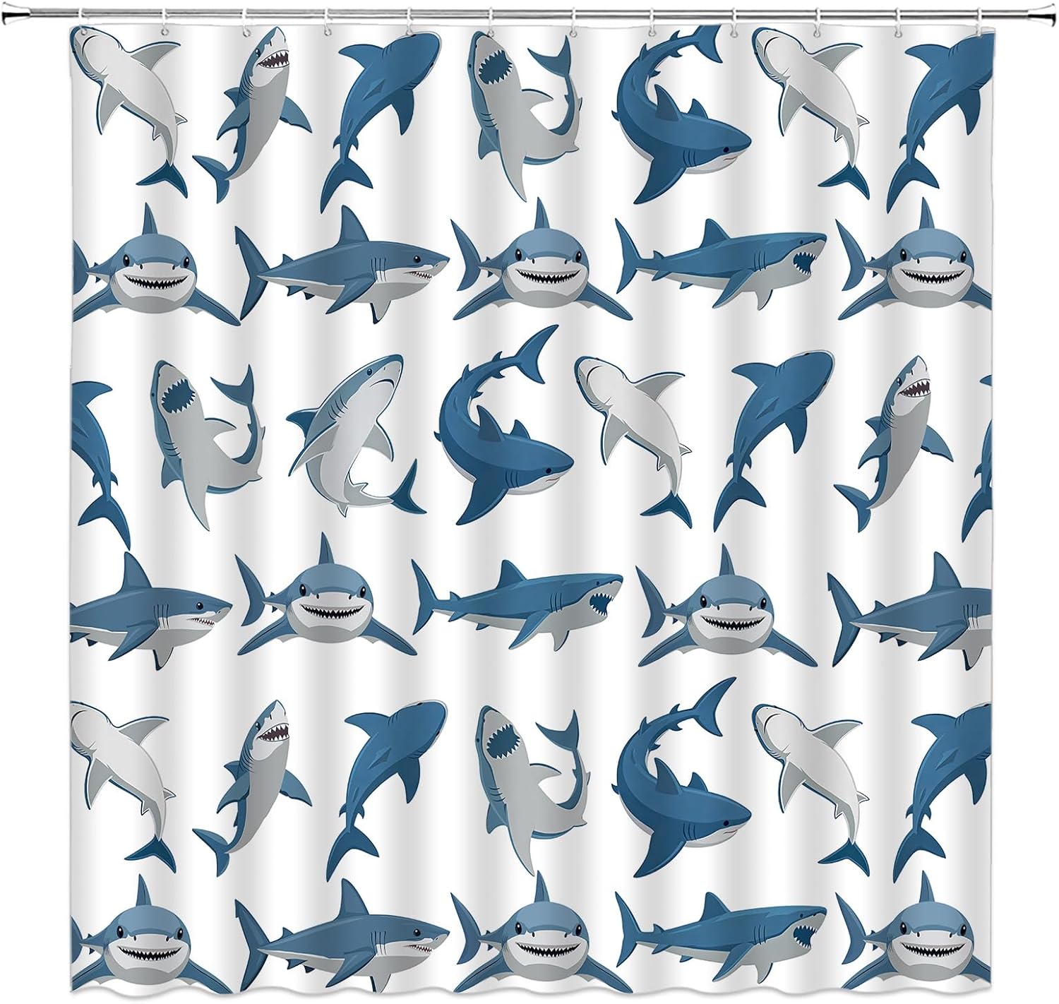 GCTNBJL Shark Shower Curtain Ocean Animal Shark Open The Mouth Fish Sea Marnie Underwater Nautical Bathroom Curtain with Hooks,Blue Gray White