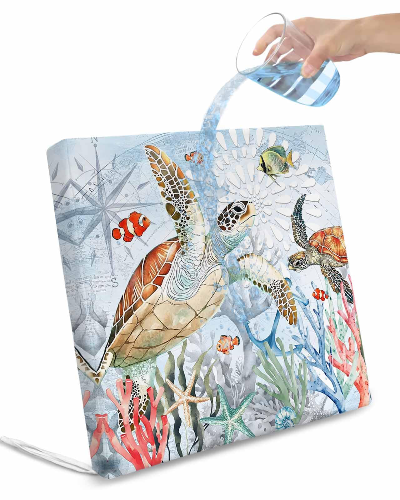 Brown Sea Turtle Coastal Outdoor Cushion Chair Cover Set of 4 - Waterproof Couch Seat Covers, Vintage Summer Beach Coral Starfish Patio Furniture Protector Cushions Slipcovers for Sofa/RV, 20