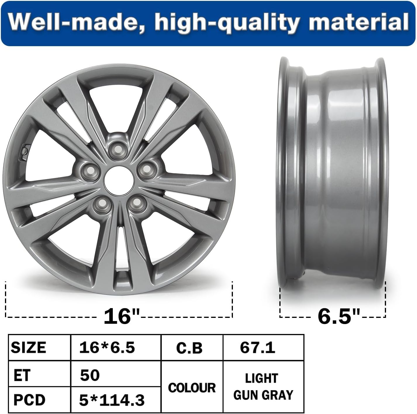 4 Set 16" x 6.5" Replacement Alloy Wheel Rim Compatible with Hyundai-Elantra 2016 2017 2018, PCD 5×114.3mm, Offset 50mm, CB 67.1mm, Grey